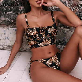 

OMKAGI Bikini Vintage Pattern High Cut Bathing Suit Swimming Beachwear Push Up Swimsuit Micro Bikini 2020 Swimwear Women
