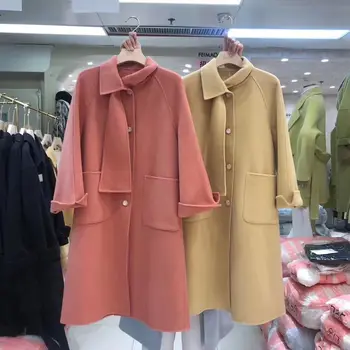 

2020 Winter Women Vintage Bow-Tie Collar Long Wool Coat Plus Size Single Breasted Long Wool Blend Overcoat With Pockets