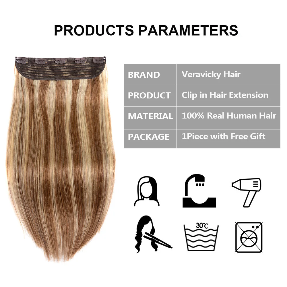 14"-24" Piano Color One Piece Clip in 100% Real Human Hair Extension 1Pcs/5 clips Machine Made Remy Natural Straight Hair