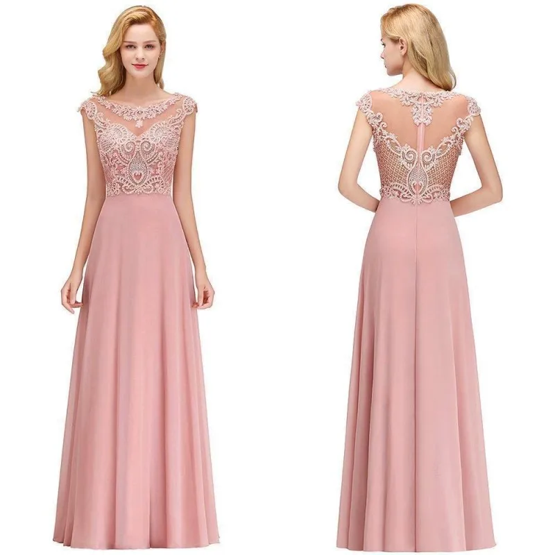 

Pink Chiffon Long Bridesmaid Dresses 2019 Elegant A line Sleeveless Wedding Party Guest Gown Applique Pearl vestido madrinha