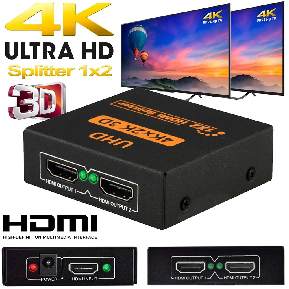 4K 1X2 HDMI Splitter 1 in 2 Out HDMI Switch 3D HD Splitter 2 Ports HUB HDMI  Repeater for HDMI Adapter Dual Display for HDTV DVD