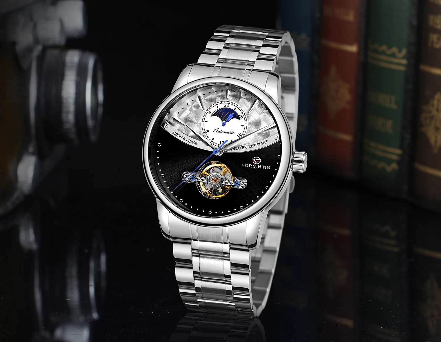 FORSINING Белое золото Tourbillion дизайн полный корпус из нержавеющей стали Moon Phase Мужские автоматические механические часы лучший бренд класса люкс
