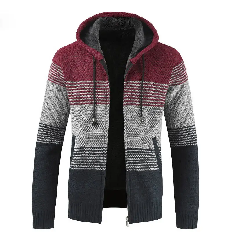 

suйter abrigo para hombre 2019 invierno grueso cбlido cбrdigan con capucha jerseys hombres rayas Cachemira lana forro cremaller