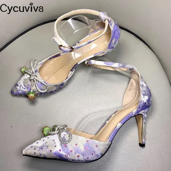 

Sweet Crystal Bowknot High Heels Sandals Women Pointy Toe Mules Summer Party Shoes Ankle Strap High Heels Shoes Sandalias Mujer