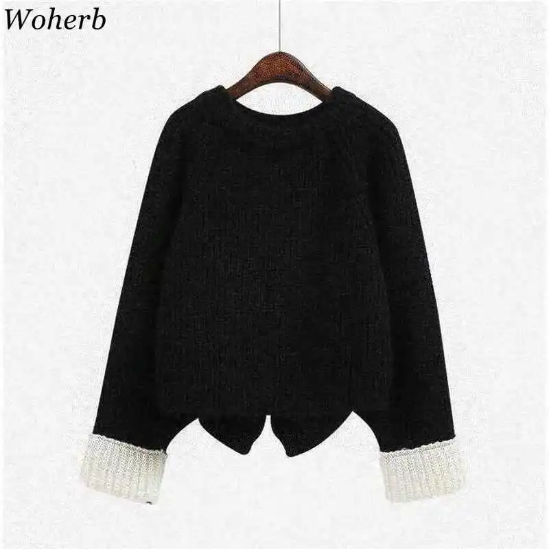 Woherb Pull Femme с круглым вырезом и длинными рукавами, контрастные цвета, пуловеры Джемперы, винтажная мода, свитер, женские повседневные свободные топы 90840