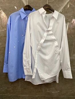 

2020 Spring and Summer New Women's Lapel Irregular Buckle Decorative Solid Color Long Sleeve All-match Shirt 610