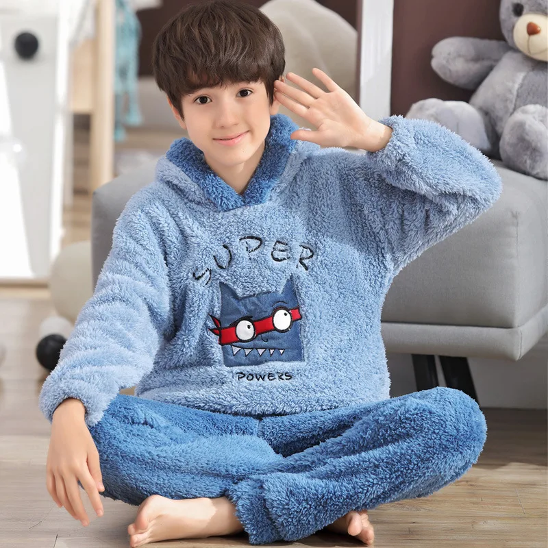 

Boys' Pajama Hooded Long Velvet Winter Big Kid Thick Autumn And Winter Homewear Set Children Coral Velvet Pajamas