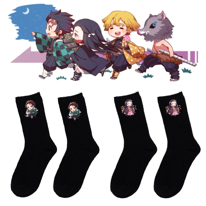 AnimeDemonSlayerBlackSockCartoonKimetsunoYaibaLongKneehigh