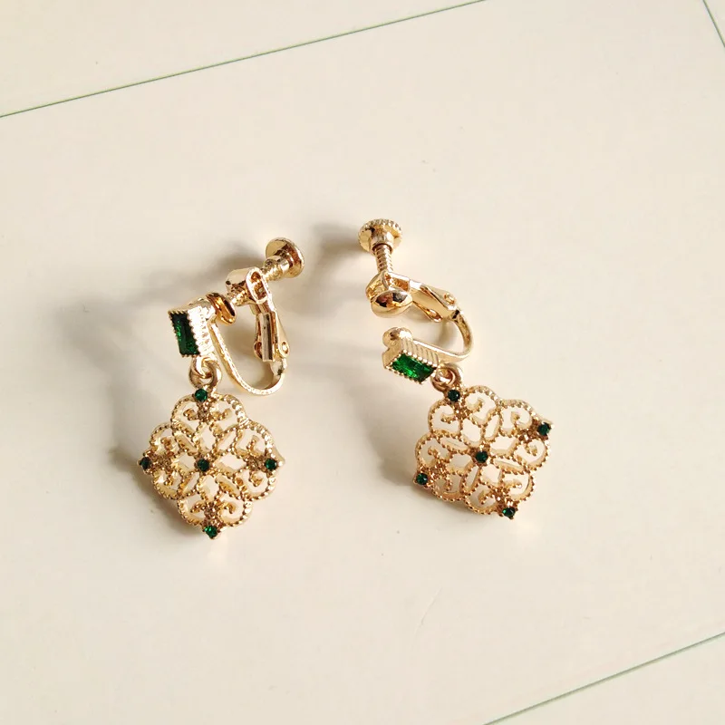 clip on earrings Богемные Клипсы Серьги Корейский королевский темперамент Винтаж зеленые стразы полые клипсы, серьги с цветами для женщин - Окраска металла: clip on earrings