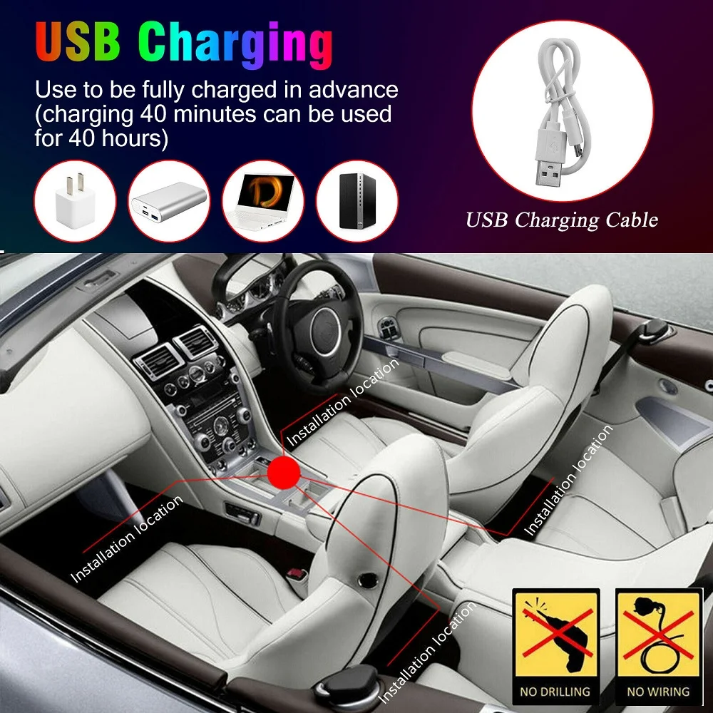 Wireless RGB LED Car Interior Floor Decorative Atmosphere Lamp Ambient Light Accessories USB Charging Portable Remote Control