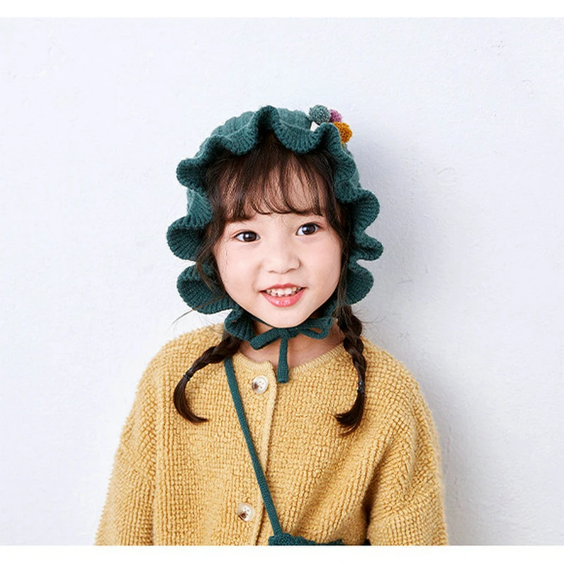 Осенне-зимняя детская шапка, сумка, шерстяные шапки для девочек с оборками, цветные вязаные шапки в рыбацком стиле, шапки на лямках
