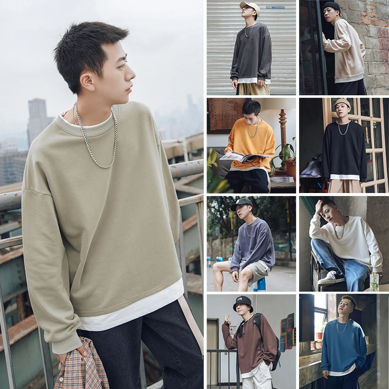 

2019 Autumn Sweatshirt Men Korean Style 10 Colors Fake Two Pieces Fashion Solid Color 100% Cotton Oversize Streetwear Tops