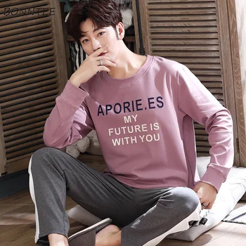 

Pajama Sets Men Spring Autumn Long Sleeve Printed Chic O-neck Big Size 3XL Leisure Cotton Soft Homewear Mens Pajamas 2 Pecs New