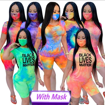 

Women Tracksuits Two Pieces Set Mask Top Short Pants 2 Pieces Set Tie Dye Print Leisure Suits Elastic Ladies Outdoor Wears