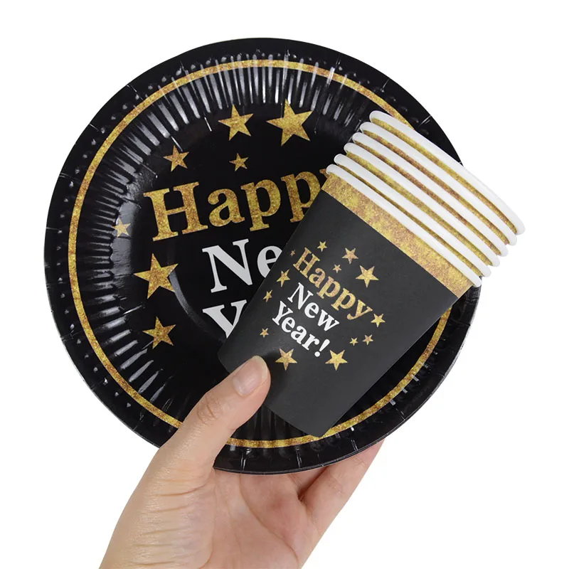Happy New Year Decorations 2022 Christmas Balloons Decor Gold Black Disposable Tableware For Home New Year's Eve Party Ornaments