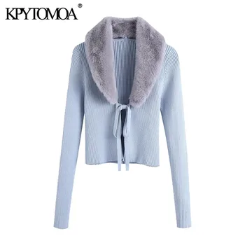 

KPYTOMOA Women 2020 Fashion Patchwork Faux Fur Knitted Cardigan Sweater Vintage With Tied Long Sleeve Female Outerwear Chic Tops