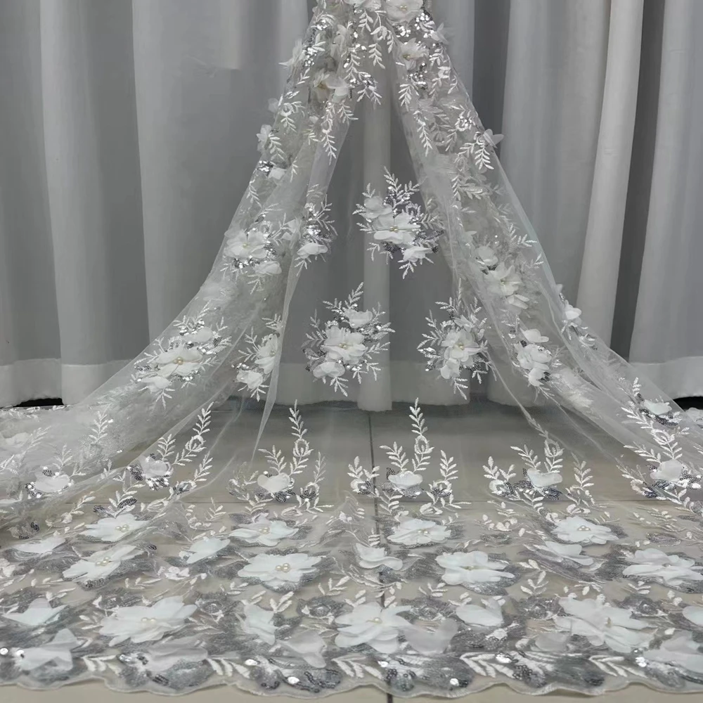 

Light French lace fabric with 3d flowers heavy bead tulle lace fabric with 3d florals bridal dress fabric costume dress