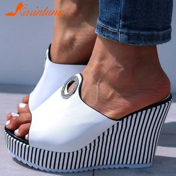 

KARINLUNA High Heels 2020 Striped INS Crystals Leisure Summer Casual Sandal Women Platform Slippers Shoes