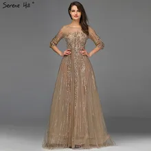 Золотой Дубай дизайн с длинным рукавом Вечерние платья А-силуэт роскошное бисер Кристалл Вечерние платья настоящая фотография LA70170