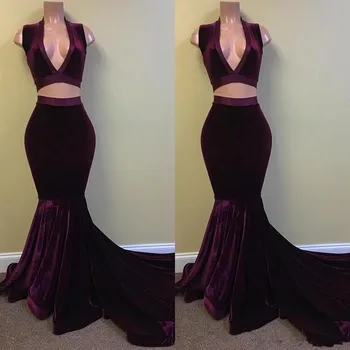 

Modest Sexy Two Pieces Velvet Mermaid Prom Dresses 2019 Deep V Neck Backless Court Train Formal Evening Party Gowns prom dress