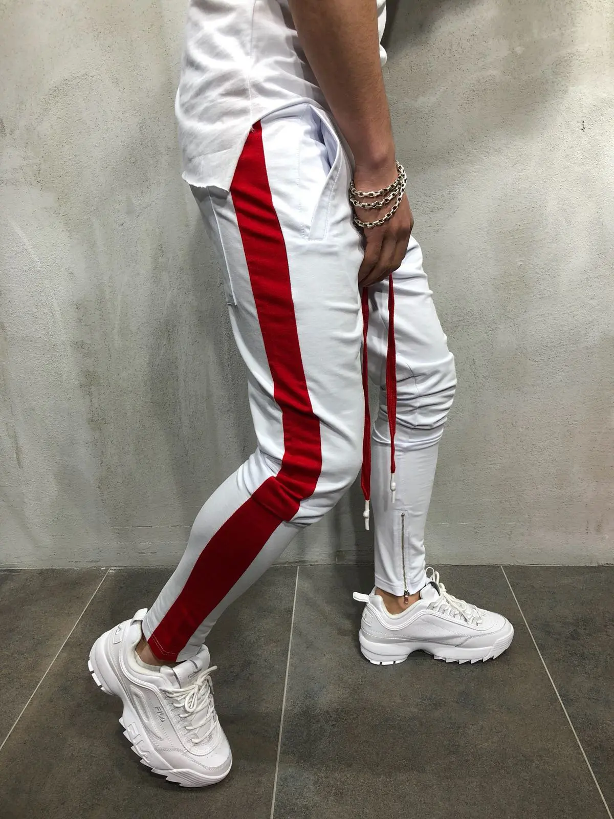 Мужские штаны для бега, фитнеса, бодибилдинга, тренажерного зала, повседневные брюки для пробежек, Мужская Уличная одежда, боковая полоса, модные обтягивающие спортивные штаны - Цвет: style2 white red