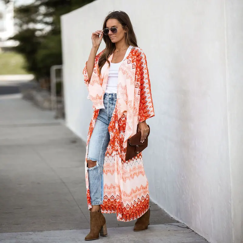 

Kimono Dress Print Beach Cover Up 2021 Sexy Street Style Loose Long Sleeve Striped Cardigan Chiffon Plus Size Summer Dress