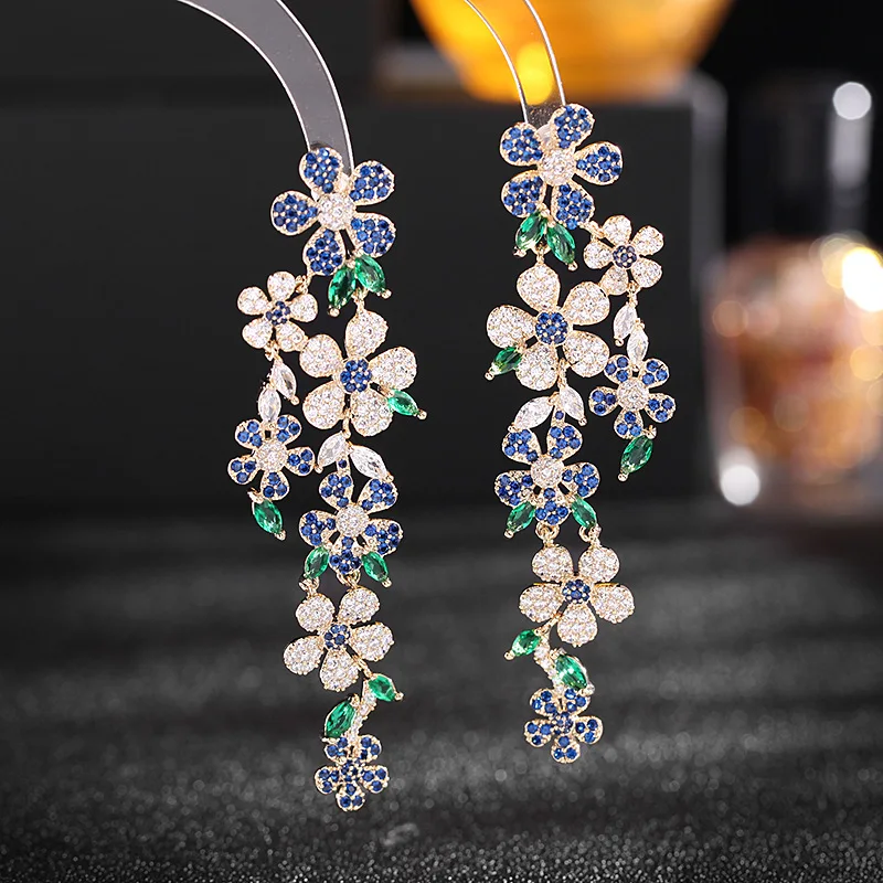 Micro Pave Colorful Cubic Zirconia Flower Dangle Earrings for Women Temperment Long Pendant Earings Fashion Wedding Jewelry