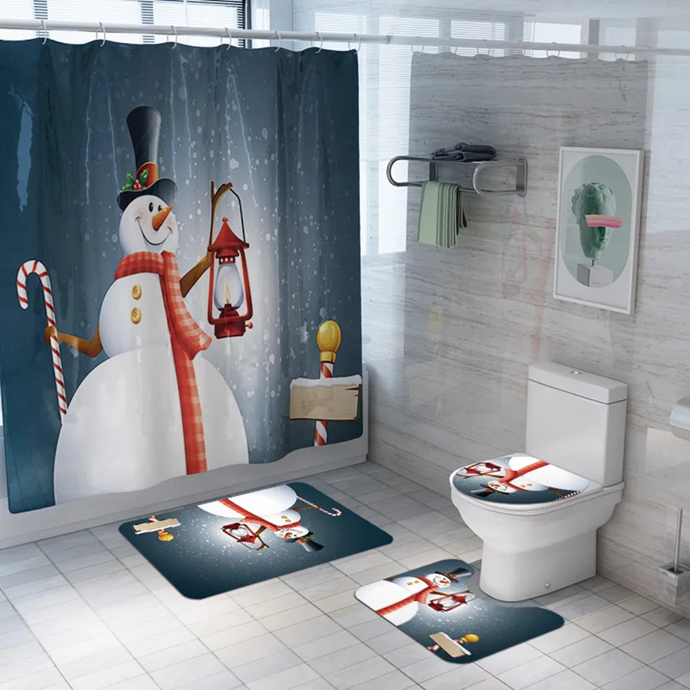 Merry Christmas Набор ковриков для ванной, Снеговик Дед Мороз Санта колокольчик, водонепроницаемая занавеска для душа, коврик для туалета, нескользящий коврик