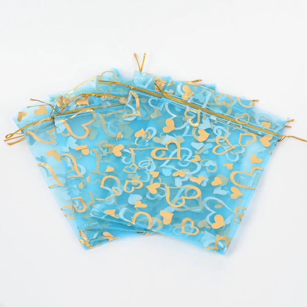 100pcs/bag 13x18cm Organza Bag With Bronzing Heart For Wedding Favors Jewelry Coin Pouch Party Candy Bags