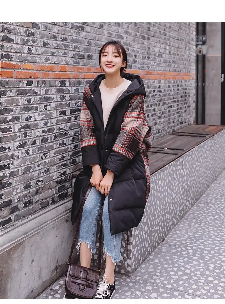 Large Size Women Winter Cotton Hooded Jackets Coat Fashion Loose Warm Plaid Long Outerwear Casual Female Basic Jacket xa111