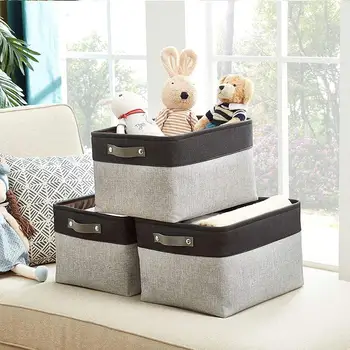 

Cube Large Folding Linen Fabric Storage Basket Clothes Storage Box Bin For kids Toys Organizer With Artificial Leather Handles