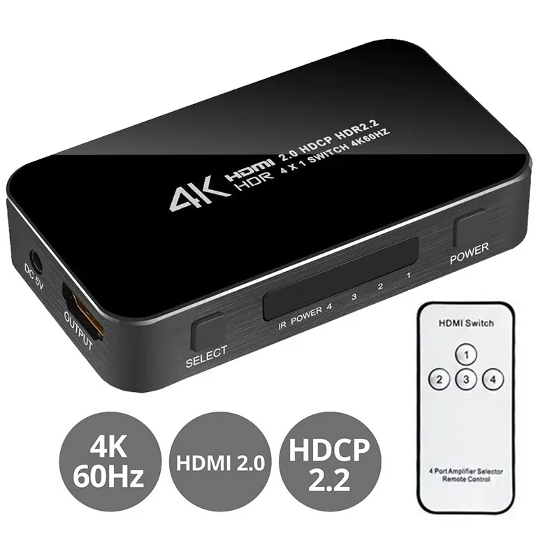 

New UHD HDMI 2.0 Switch 4K Switcher HDMI 4 in 1 out 3840X2160P/60HZ HDCP 2.2 1080P Remote Control for PS4 pro DVD Laptop PC