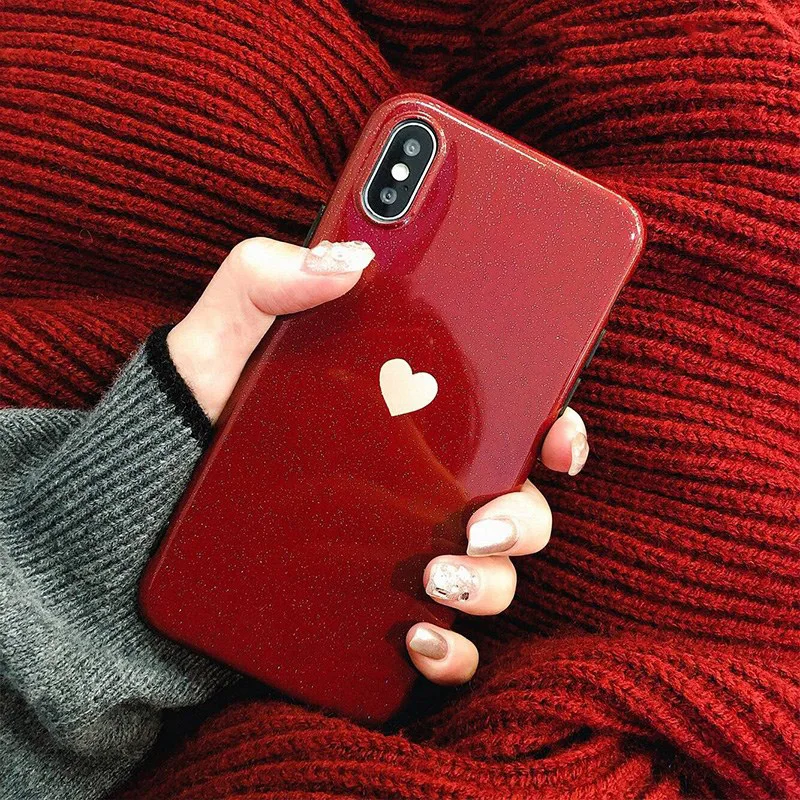 

Moskado Phone Case For iphone 7 Case Wine Red Soft Shimmering Powder Love Heart Cases Cover For iphone 6 6S 7 8 Plus XS Max XR X