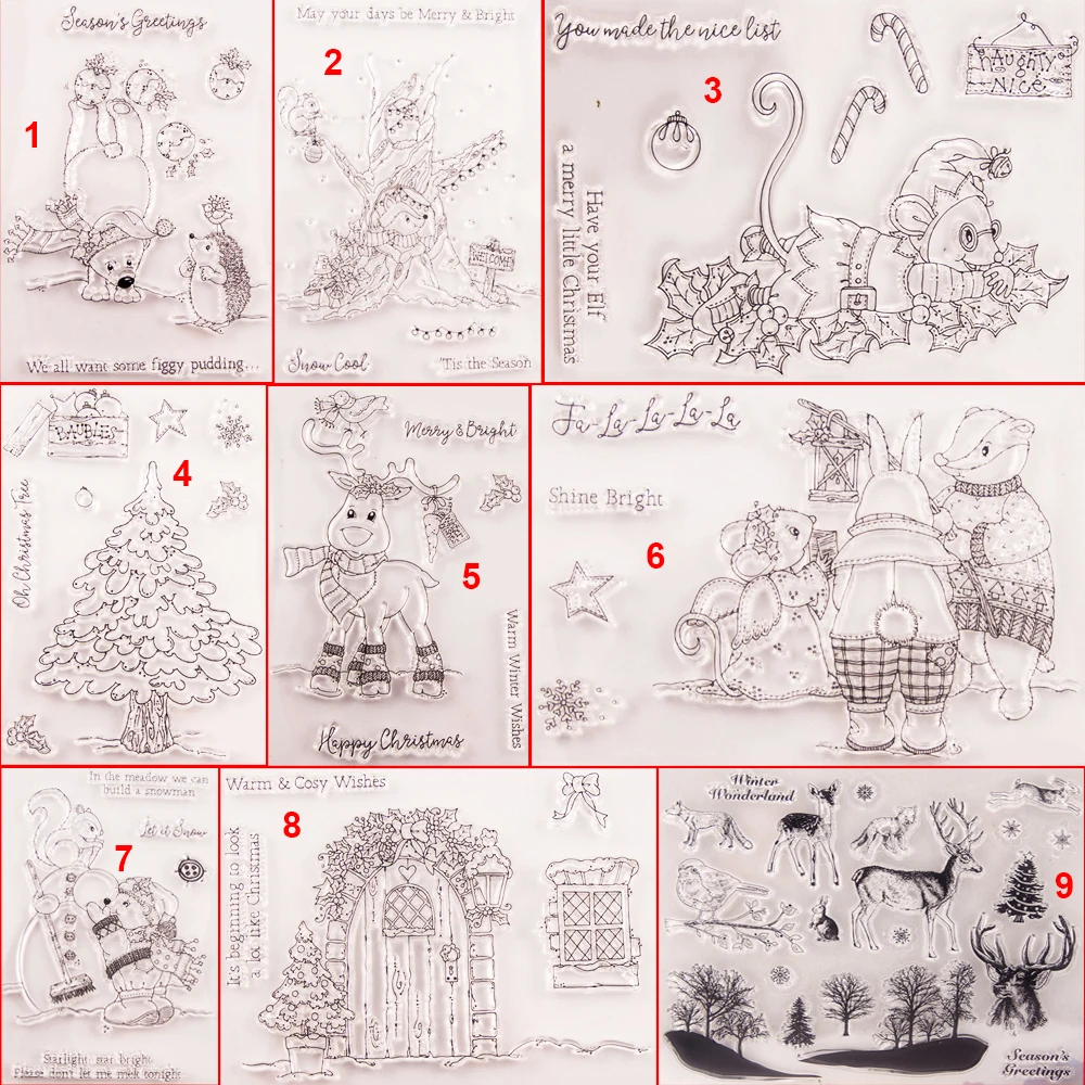 

Christmas Mouse Transparent Silicone Clear Stamps DIY Scrapbook Embossing Card Art Squirrel Snowman Tree Deer Door Hedgehog
