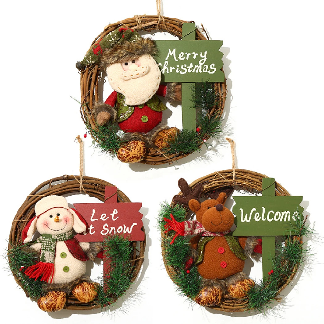 

2019 New Santa Snowman Decoration Christmas Wreath Artificial Rattan Wreath Doll Hanging Decoration Door Wreath Festival Decor