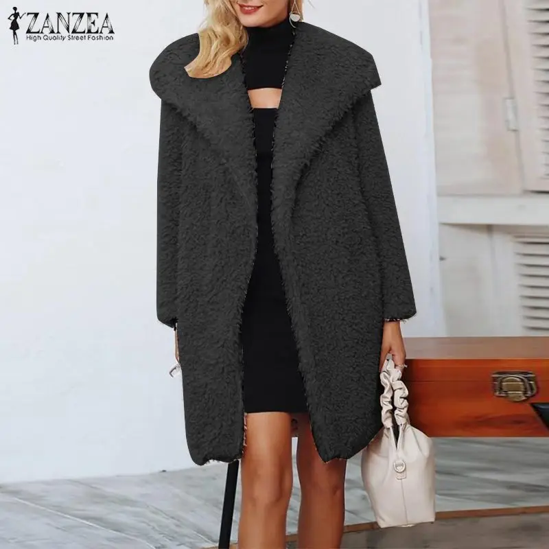 

2019 ZANZEA Casual Solid Lapel Outerwear Women Open Front Long Sleeve Jackets Winter Fashion Fluffy Fleece Plush Long Cardigan