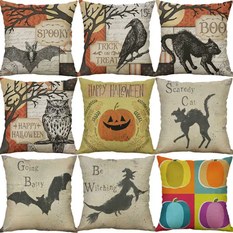 

Animal Bat Owl Pillowcase Print Cotton Linen Throw Pillow Case Halloween Home Decoration Sofa Cushion Cover