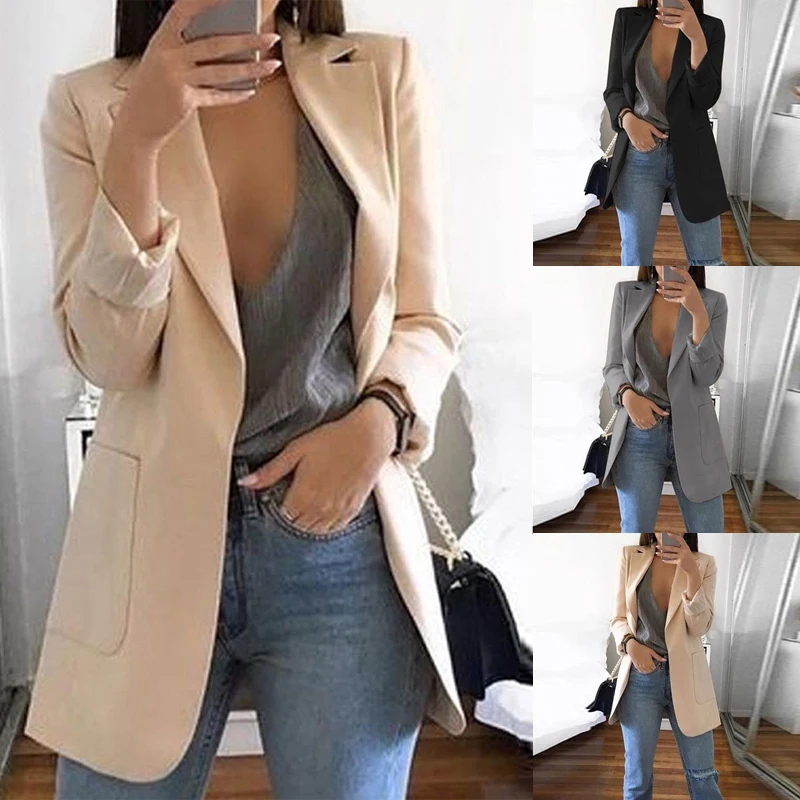 Ladies Solid Long Sleeve arrival Lapel Notched Slim Cardigan Outdoor Blazer Women Casual OL Blazers Coat