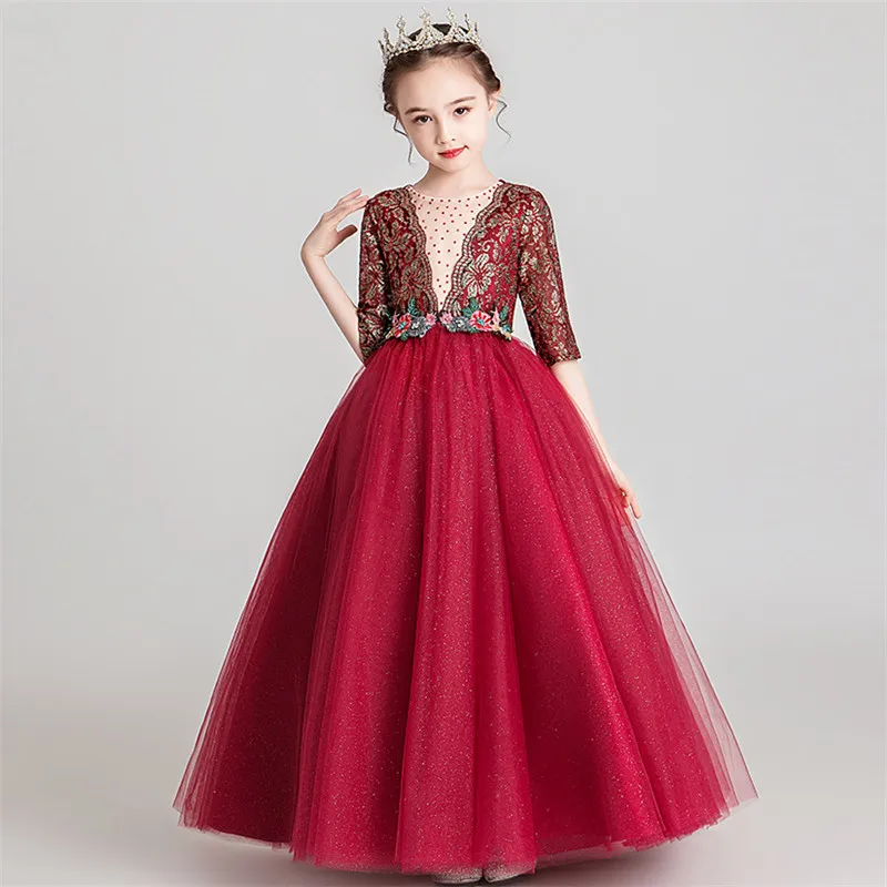 3~14Years Children Girls Elegant Wine-red Luxury Florals Birthday Wedding Party Princess Fluffy Dress Kids Piano Host Dress Wear