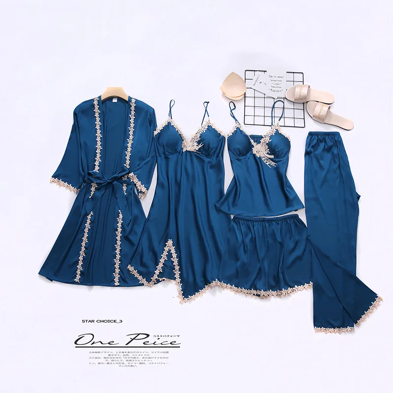 

Весенняя женская пижама, домашняя одежда с нагрудными подушечками, халат, шорты, ночная рубашка, штаны, одежда для сна, 5 предметов, Женский пижамный комплект