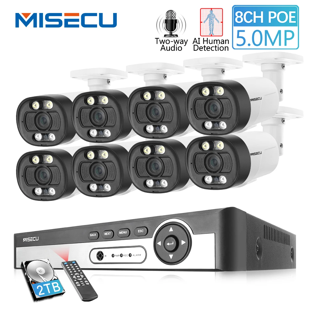 MISECU 8CH Super HD 5MP Security CCTV System Human detection Metal Waterproof Outdoor AI Camera Two