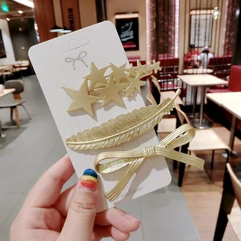 

New 1PC Women Star Feather Shape Metal Hair Pins Barrette Hair Clips for Women Gold Color Bowknot Hairgrip Hair Accessories