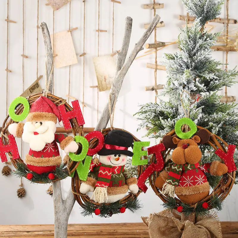 

New Year 2020 Cute Cartoon Santa Claus Elk Snowman With Rattan Circle Xmas Tree Hanging Decoration for Home Navidad Gift for Kid