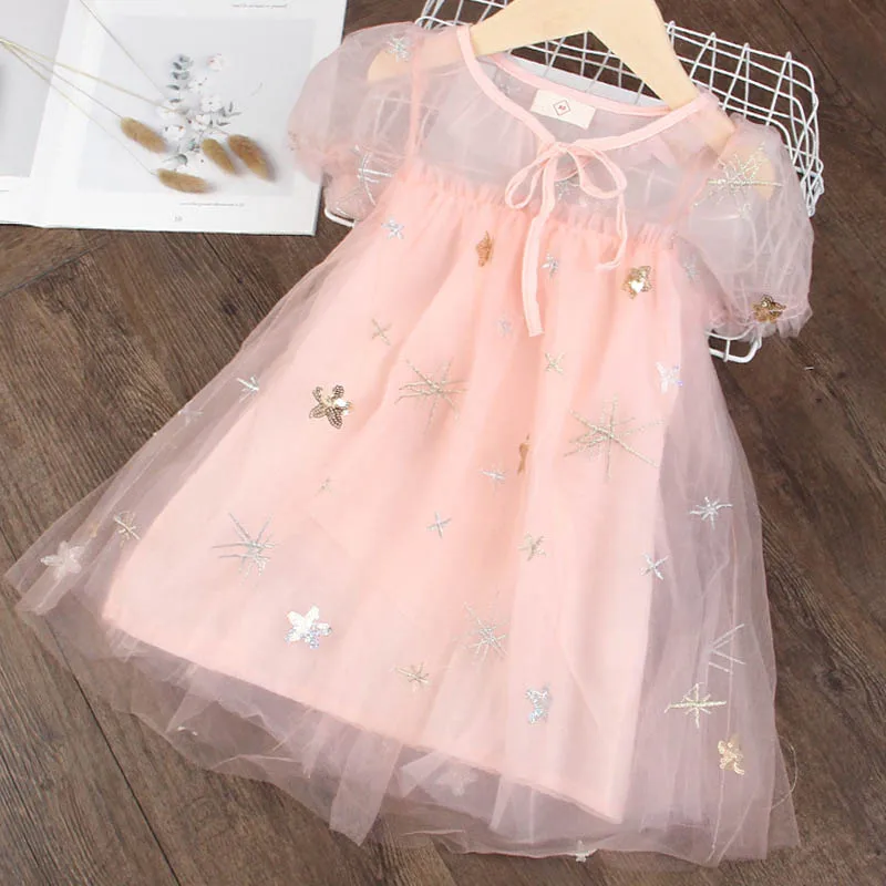 

Girls Embroidery Dresses Summer New Children's Clothing Girls Round Neck Solid Mesh Stitching Bow Dress Dot Princess Costume