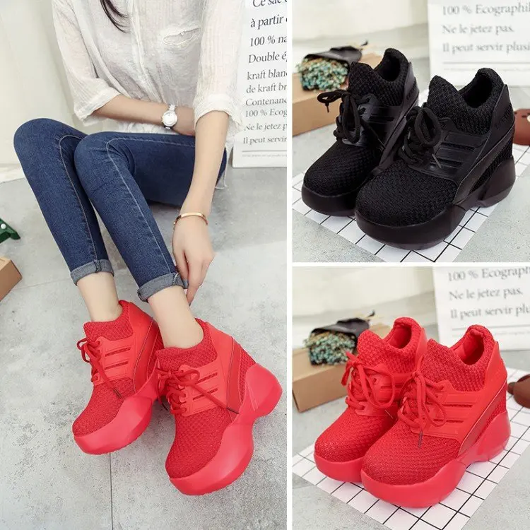 

New Style Elevator Casual Shoes Women's Thick Bottomed Hot Selling Ultra-High-Heel Mesh Platform Shoes Slanted Heel
