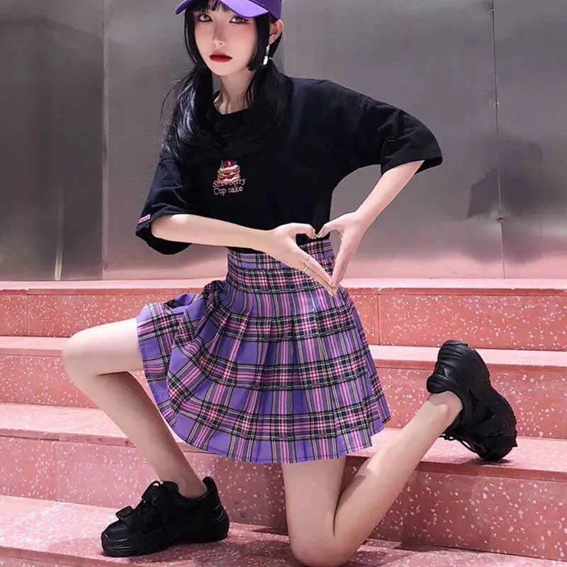 Harajuku/Милая пурпурная рубашка, Женский галстук-бабочка в стиле кэжуал, рукав «летучая мышь», свободный, летний, с отворотом, однотонный топ, рубашка, блузка, комплект из 2 предметов, клетчатая юбка