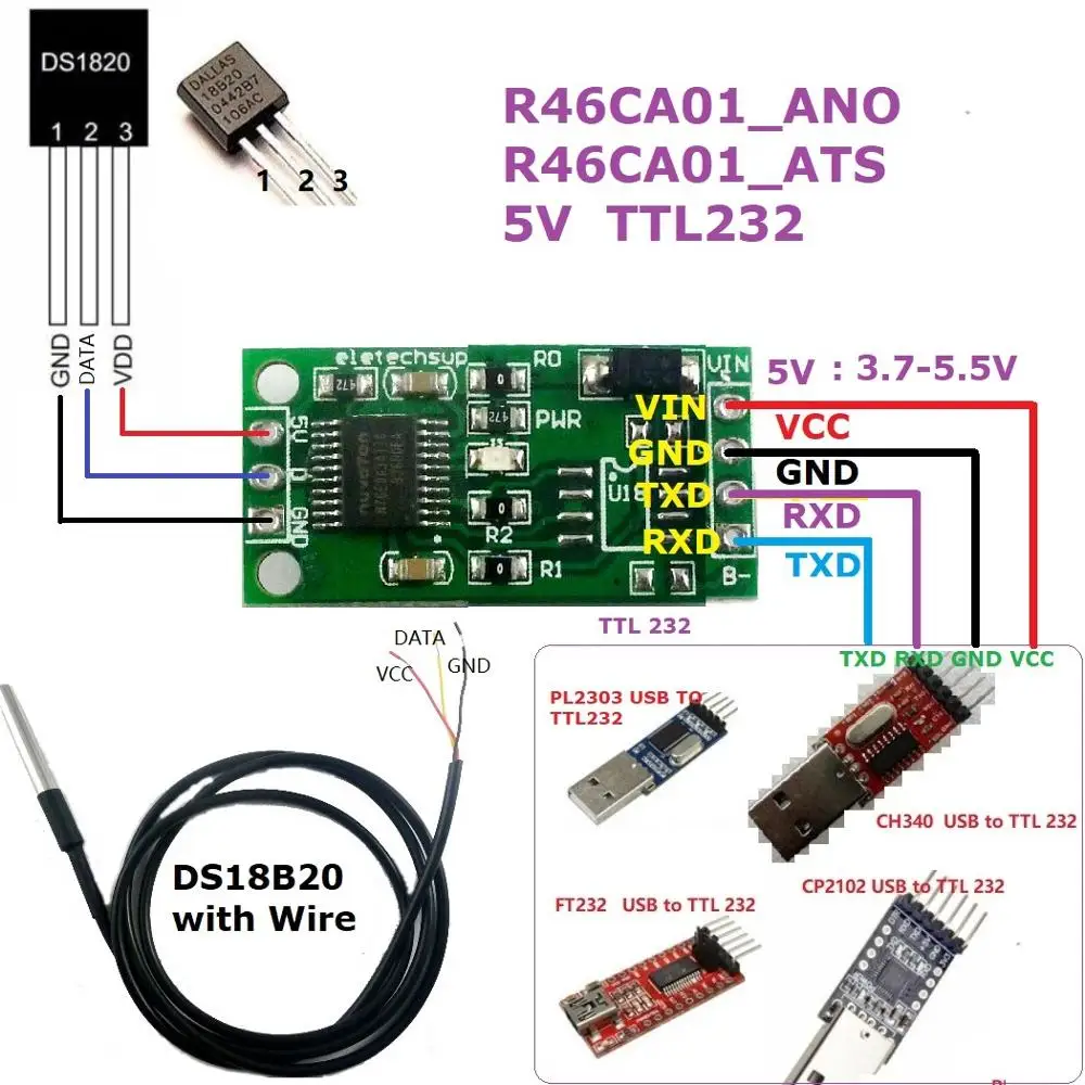 DS18B20 RS485 RS232 TTL Com UART датчик сбора температуры модуль Modbus RTU 5 в 12 В для UNO R3 PC PLC MCU |