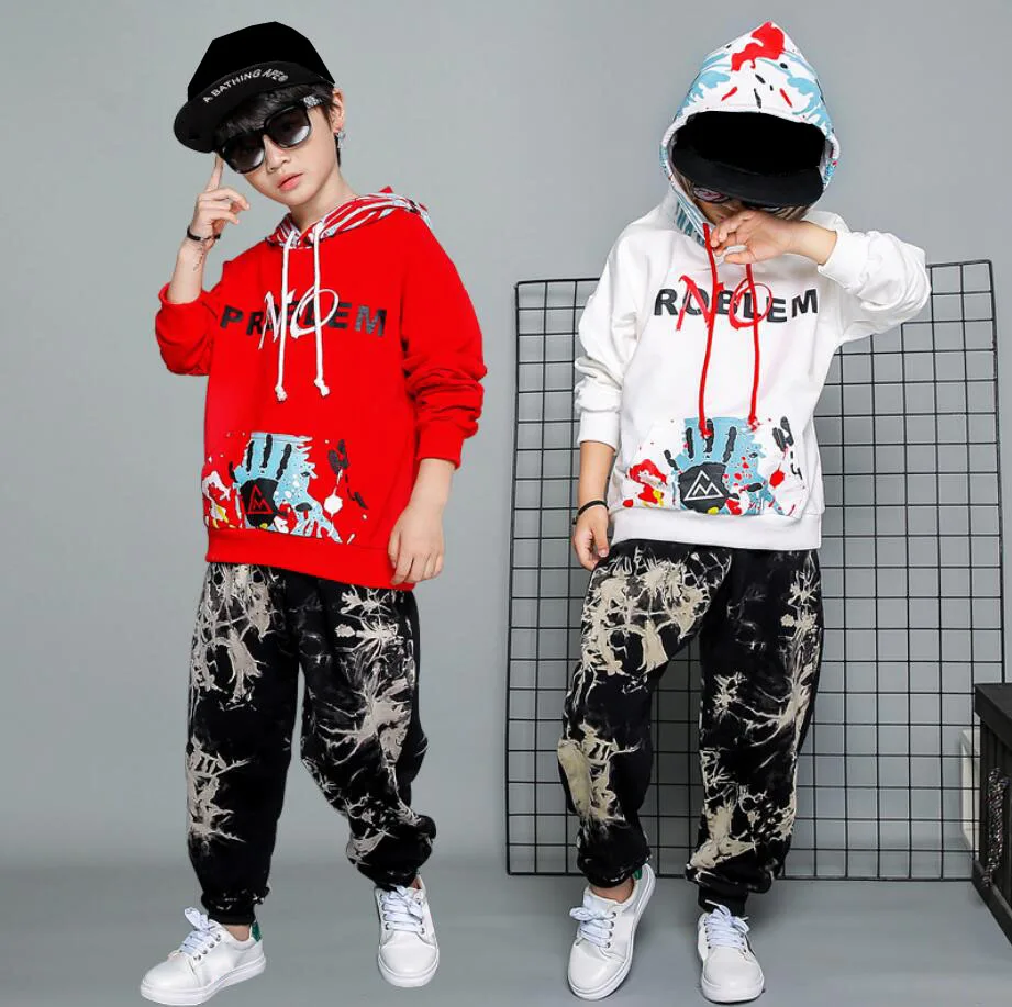Спортивный костюм с капюшоном для мальчиков, комплект одежды для детей на весну и осень, хлопковые худи в стиле хип-хоп для танцев, штаны-шаровары, одежда для детей 4, 6, 8, 10, 12, 14 лет