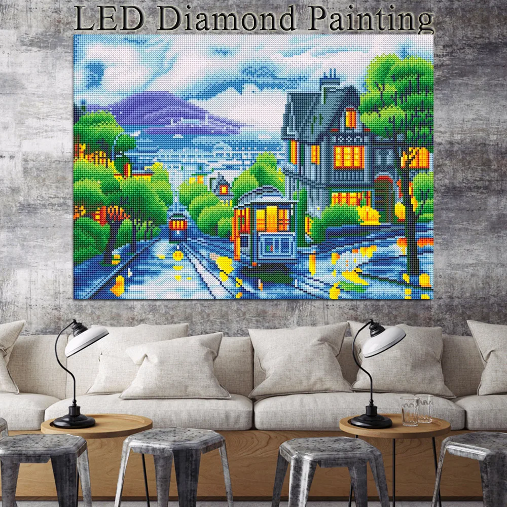 

New Arrival Diamond Painting LED Light Scenic Diamond Mosaic Landscape Diamond Embroidery Round Drill Set With Frame 40x50cm