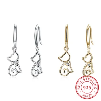 

LEKANI 100% Real 925 Sterling Silver Earring Sweet Cute Cat Drop Earrings Charming Fine Jewelry Christmas Gifts For Women